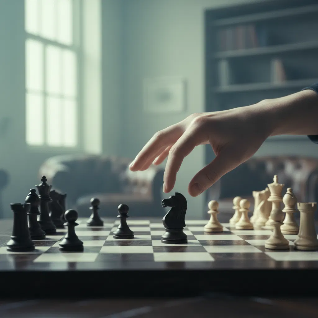 Schaakspeler concentreert zich over een complexe stelling in een stille clubruimte met warm licht