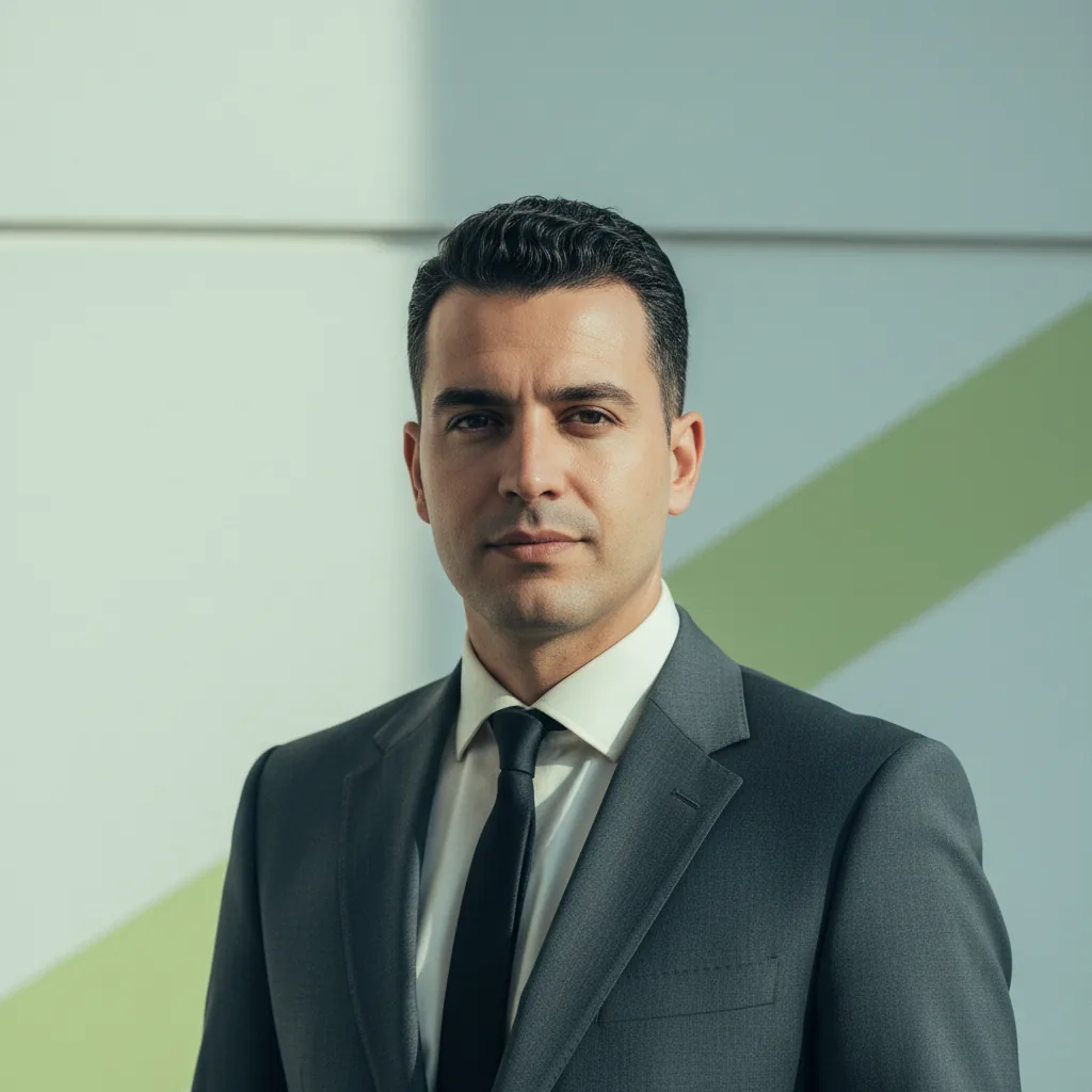 Studioportret van Milan Yilmaz, hoofdredacteur van organmoveio, rustige achtergrond met zacht licht